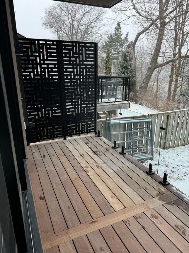 Frameless glass deck railing with a custom laser-cut metal privacy screen