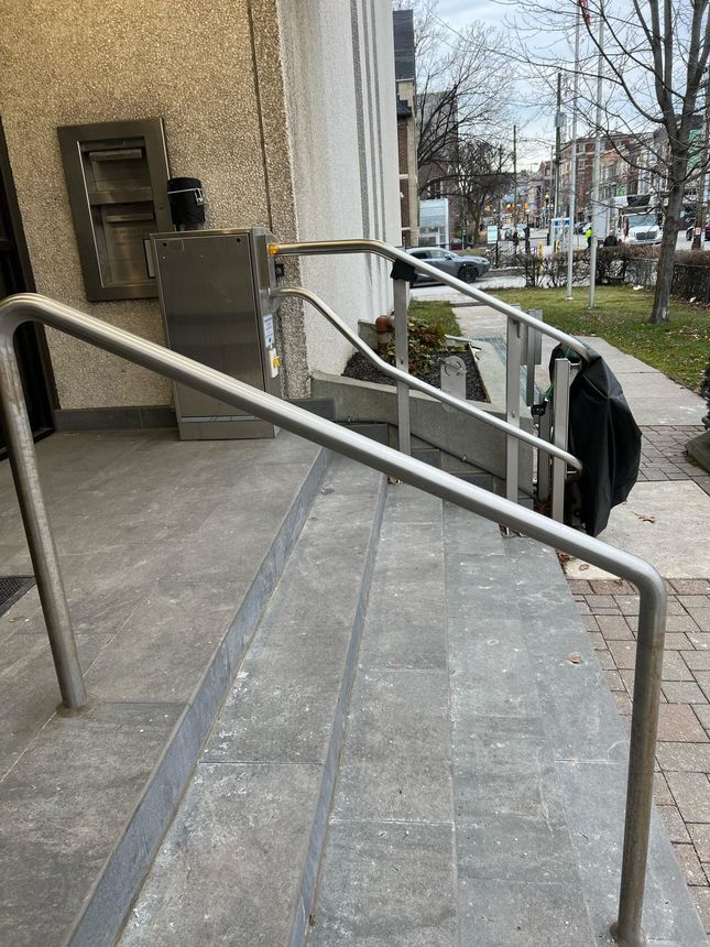 Stainless steel accessibility ramp and stair handrails, commercial install