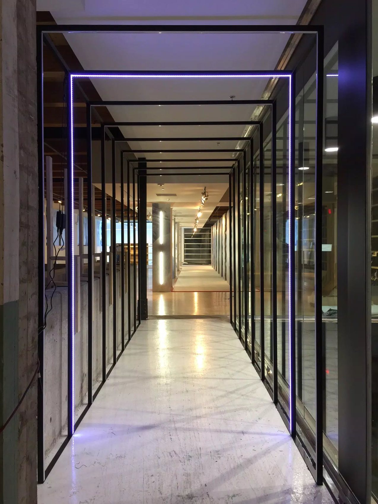 Architectural structural steel portal frames with integrated LED lighting